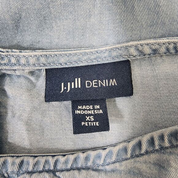 J Jill Denim Top XS Petite Chambray Tiered Ruffle Bell Sleeve Tencel Lyocell Blu - Picture 7 of 13